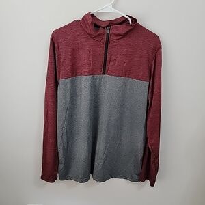 Real Essentials Mens Active DryFit Long Sleeve Pullover-1/4 Zip Gray/Maroon Sz L